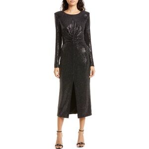 Ramy Brook Mazikeen Black Long Sleeve Sequin Midi Cocktail Dress Size 0 NWT